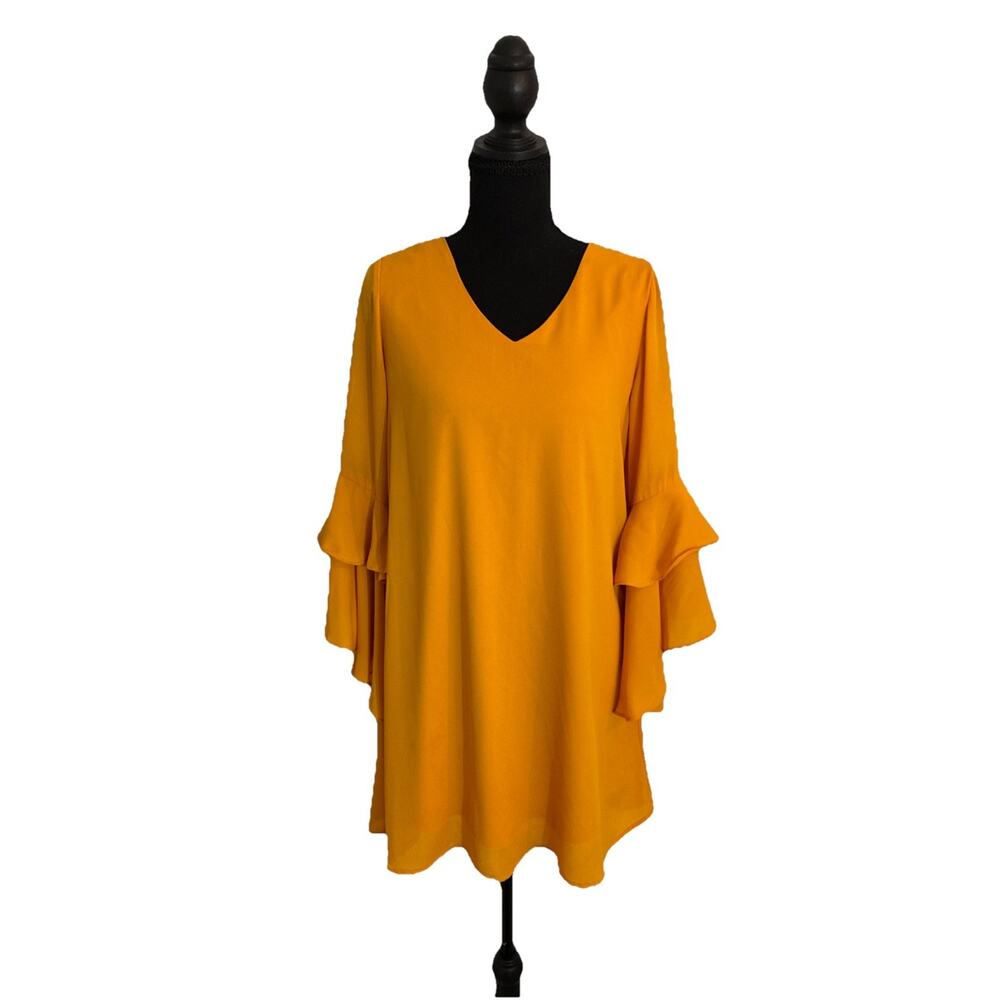 GB WOMENS SZ S MUSTARD YELLOW DRESS WITH BELL SLEEVES RETRO VINTAGE